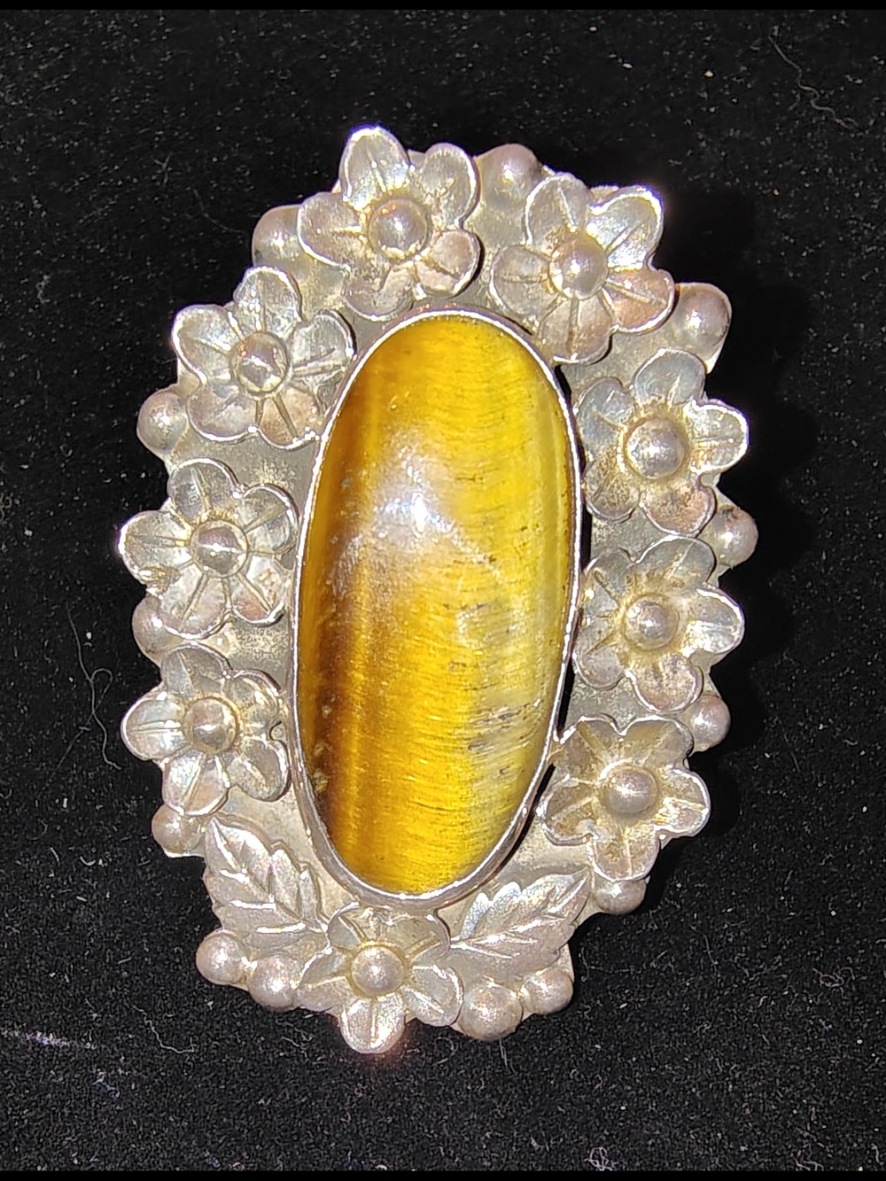 Vtg Tiger Eye Ring 950 Silver Cabochon Floral Statement Heavy 16.78g OSFM Tested